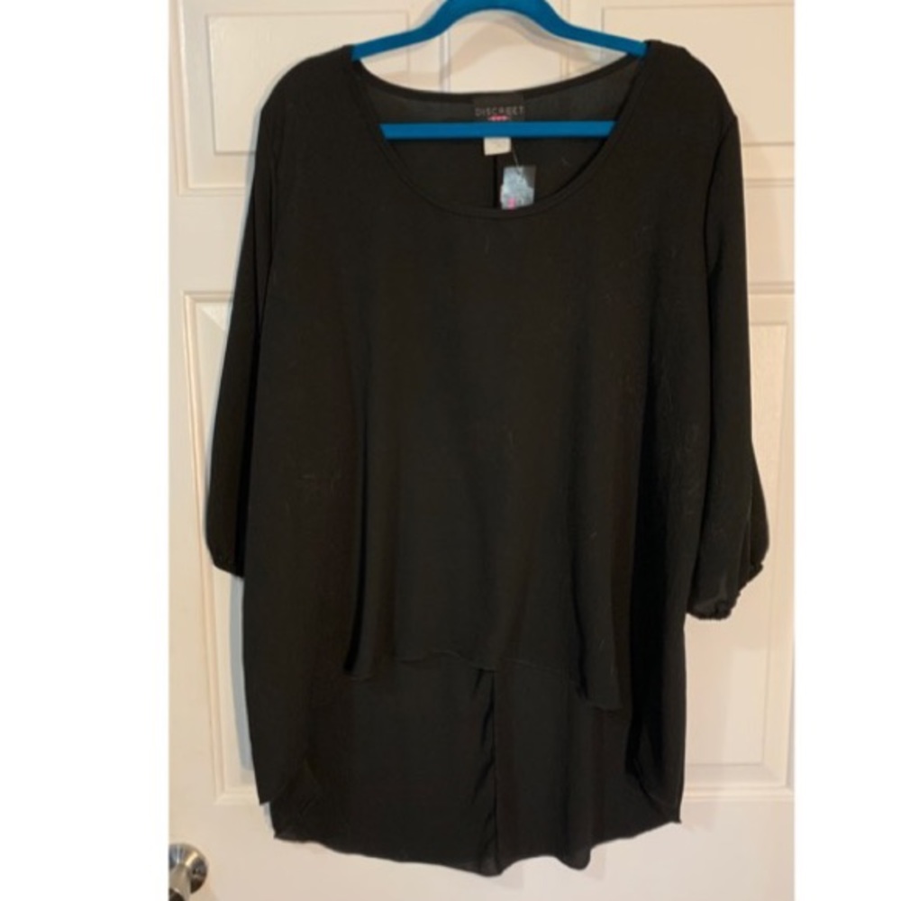 🍇 DISCREET Black Lightweight Semi-sheer Hi-Lo Blouse NWT 3X